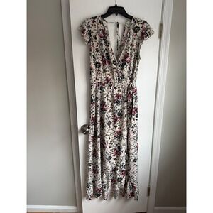 Band of Gypsies Floral Maxi Wrap Dress Ivory Navy Mauve High Low Boho Large